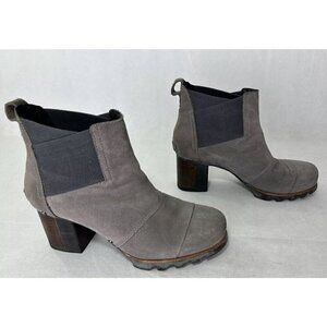Sorel Addington Grey Leather Waterproof Block Heeled Chelsea Boot Womens 8.5